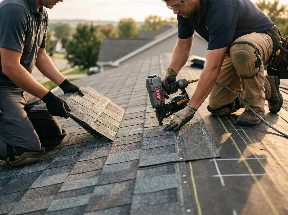 Professional roofer working on a residential roof in Hutto
